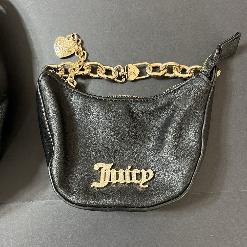Juicy Couture Black Embossed Logo Chain Strap Hobo Bag Purse Set 2 Piece Y2K - Picture 2 of 5
